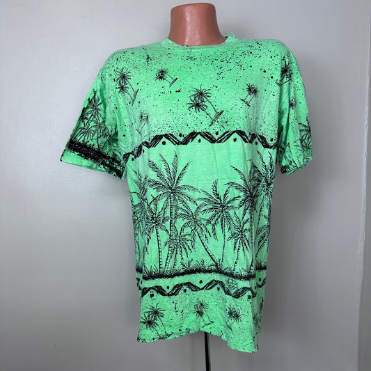 1990s Neon Green Palm Tree All Over Print Island Boyz T-Shirt Size L/XL