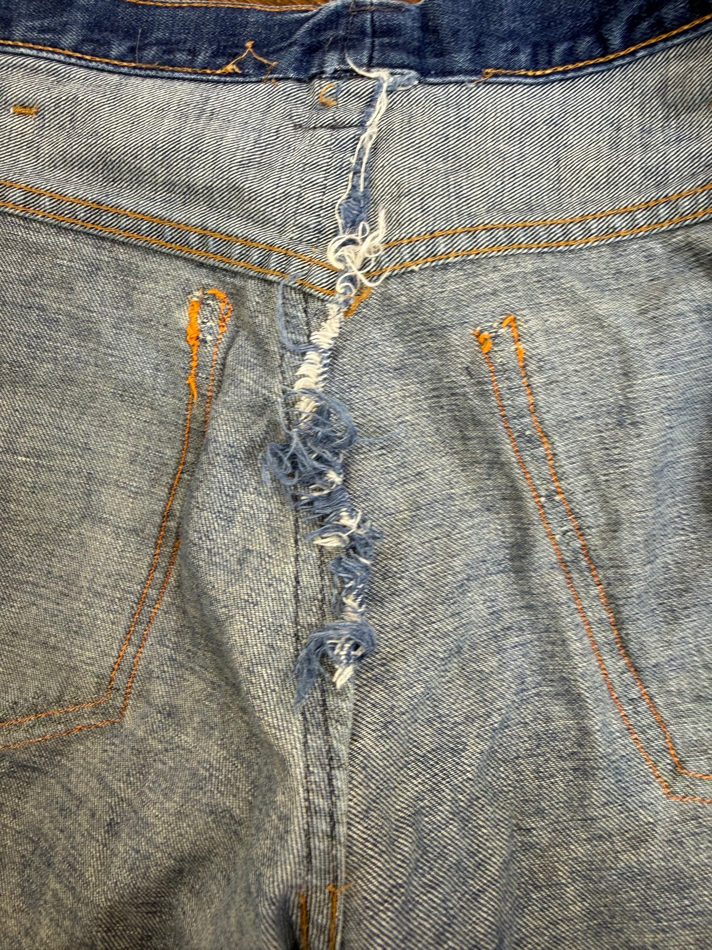 1960s/70s Levi’s Cut Off Denim Shorts, Hand Embroidered Flowers on Pockets, 33" Waist