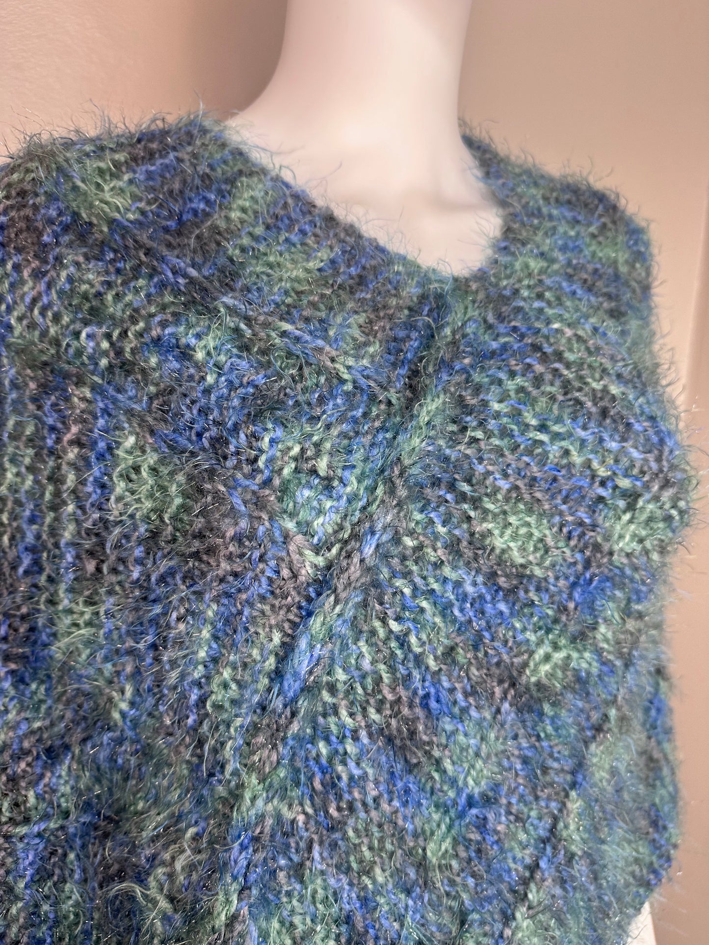 Vintage Blue and Green Space Dye Shawl, Handmade, One Size, Poncho, Cape