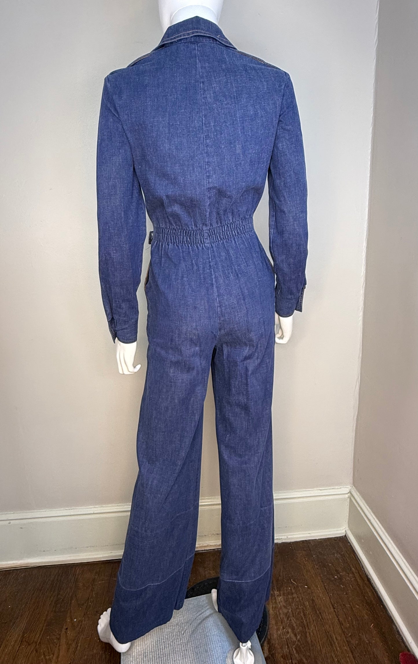 1970s Denim Zip Up Jumpsuit, Long Sleeve, Flare Leg, Sears Jr Bazaar XS/Small Tall