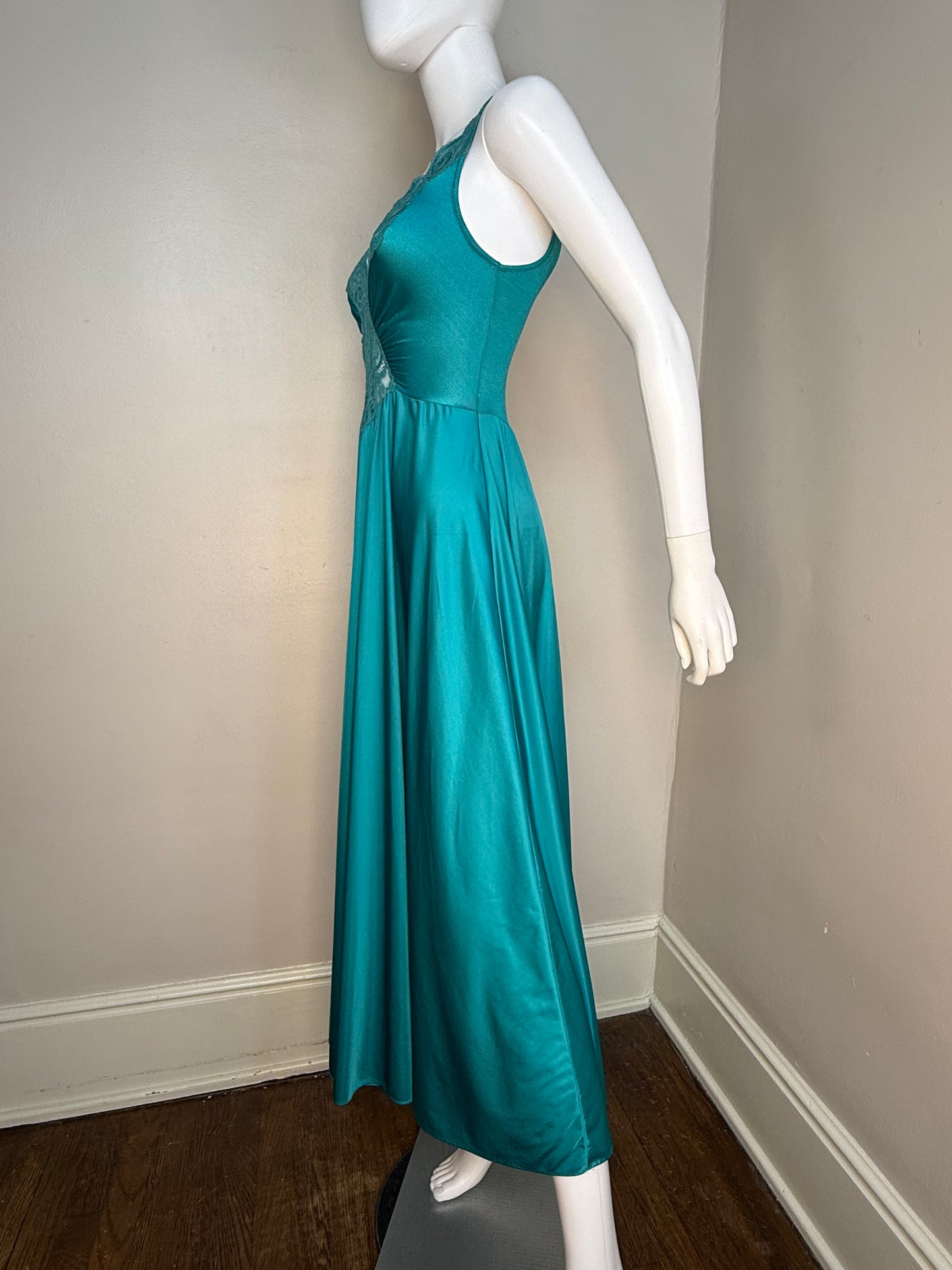 1970s Teal Olga Nightgown with Full Sweep, Lace Cut Out Bodice, Size XS