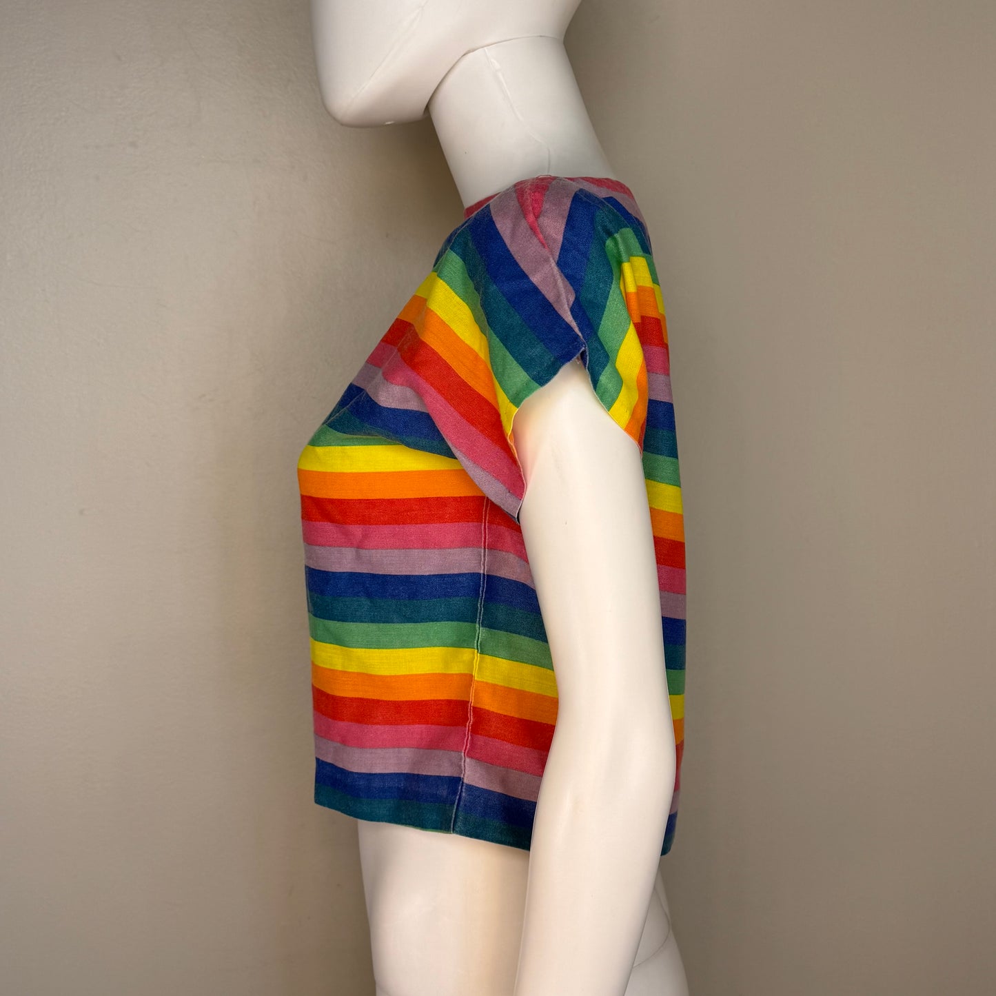 1980s Rainbow Stripe Boxy Crop Top, Handmade Size XS/Small