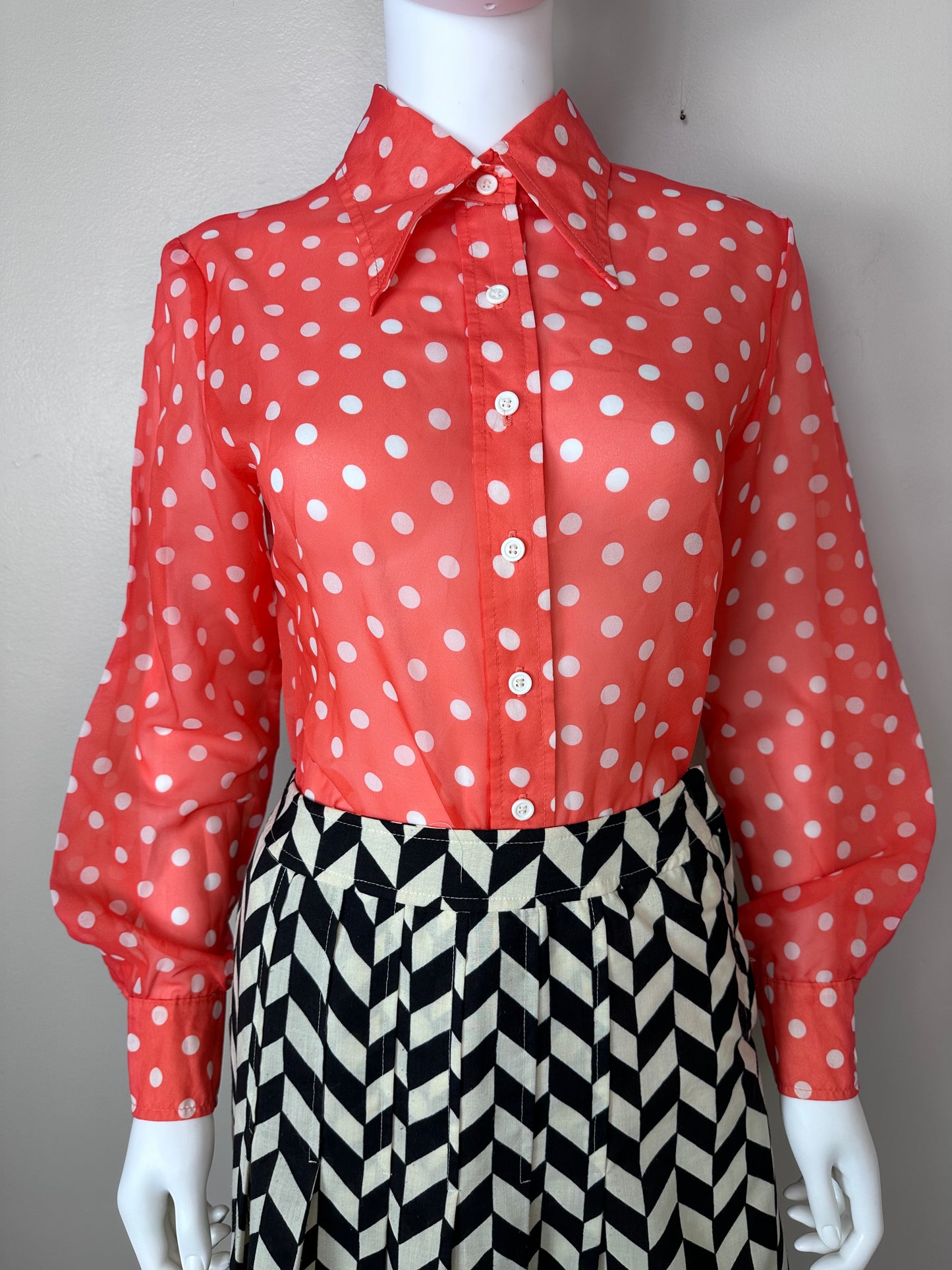 1970s Sheer Coral Polka Dot Blouse, Act III Size M/L, As-Is