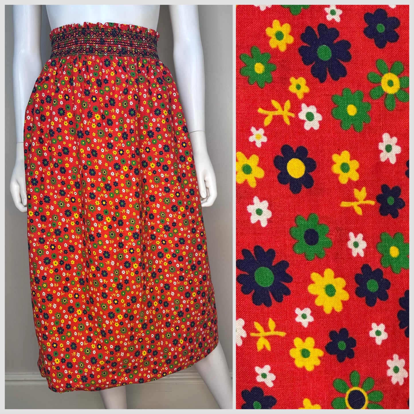 1970s Flower Power Skirt, Size XS-Small, Elastic Smocked Waist, Strapless Dress