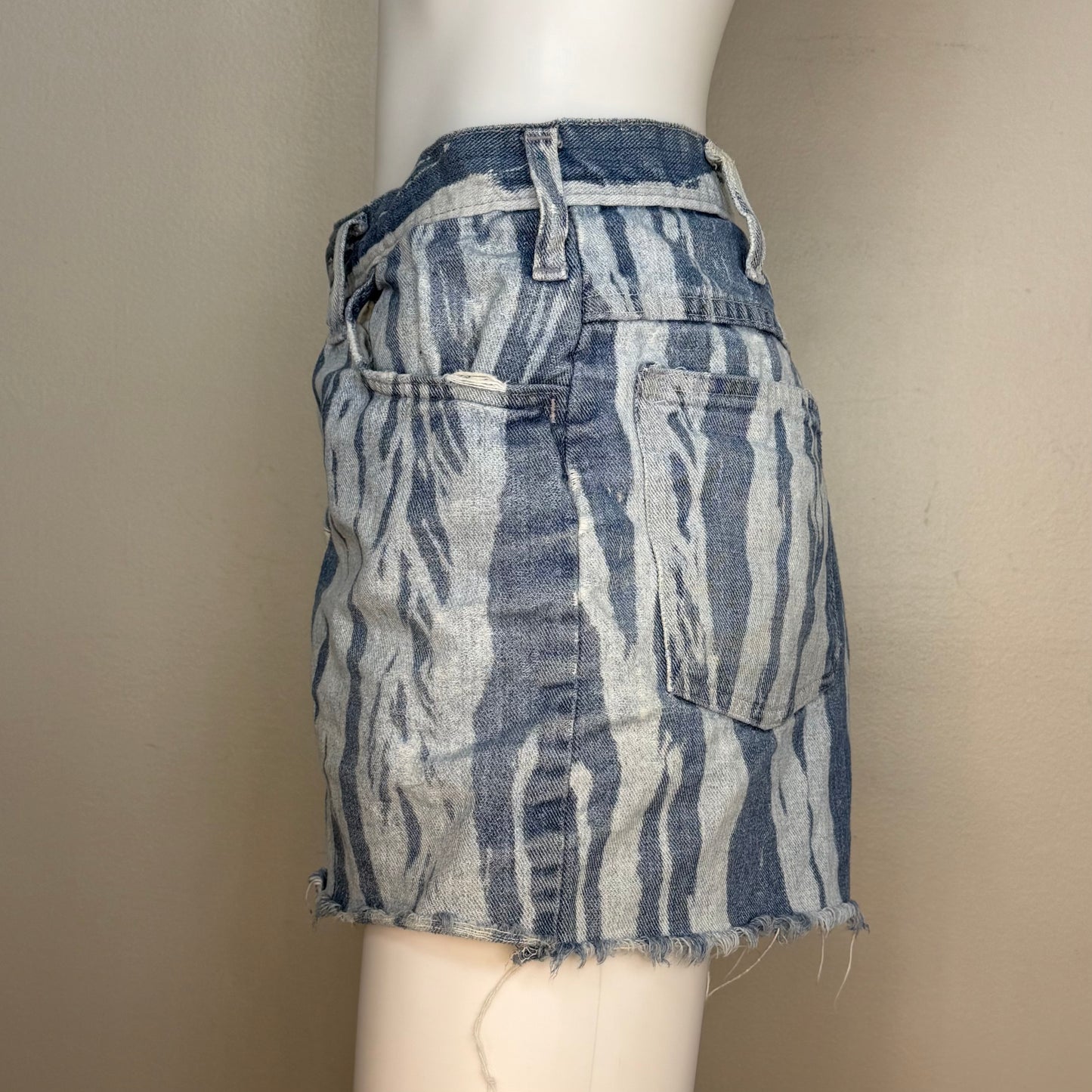 1970s Denim Shorts, Cut Off Jeans, Bleached Zebra Stripe, 35" Waist, Distressed