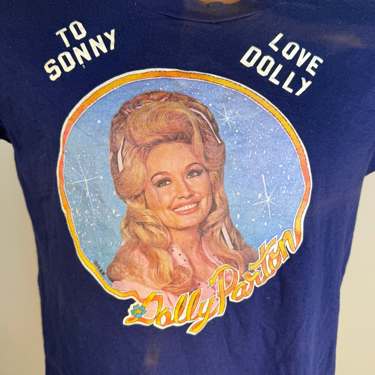 1970s Dolly Parton T-Shirt, Hanes Size Medium, Distressed Sun Faded