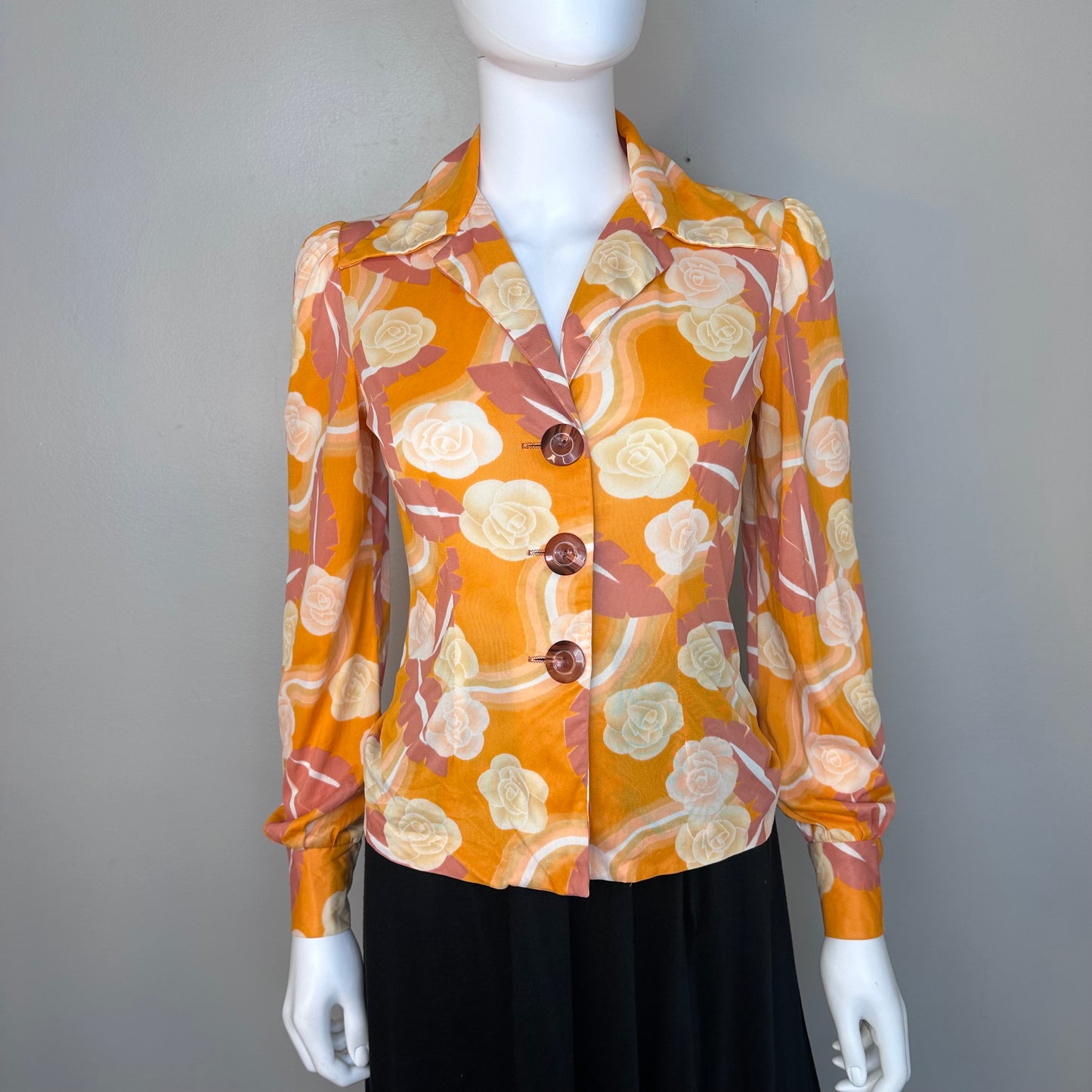 1970s Orange Floral Blouse with Big Buttons, Bronson of California Size XS, 70s does 40s