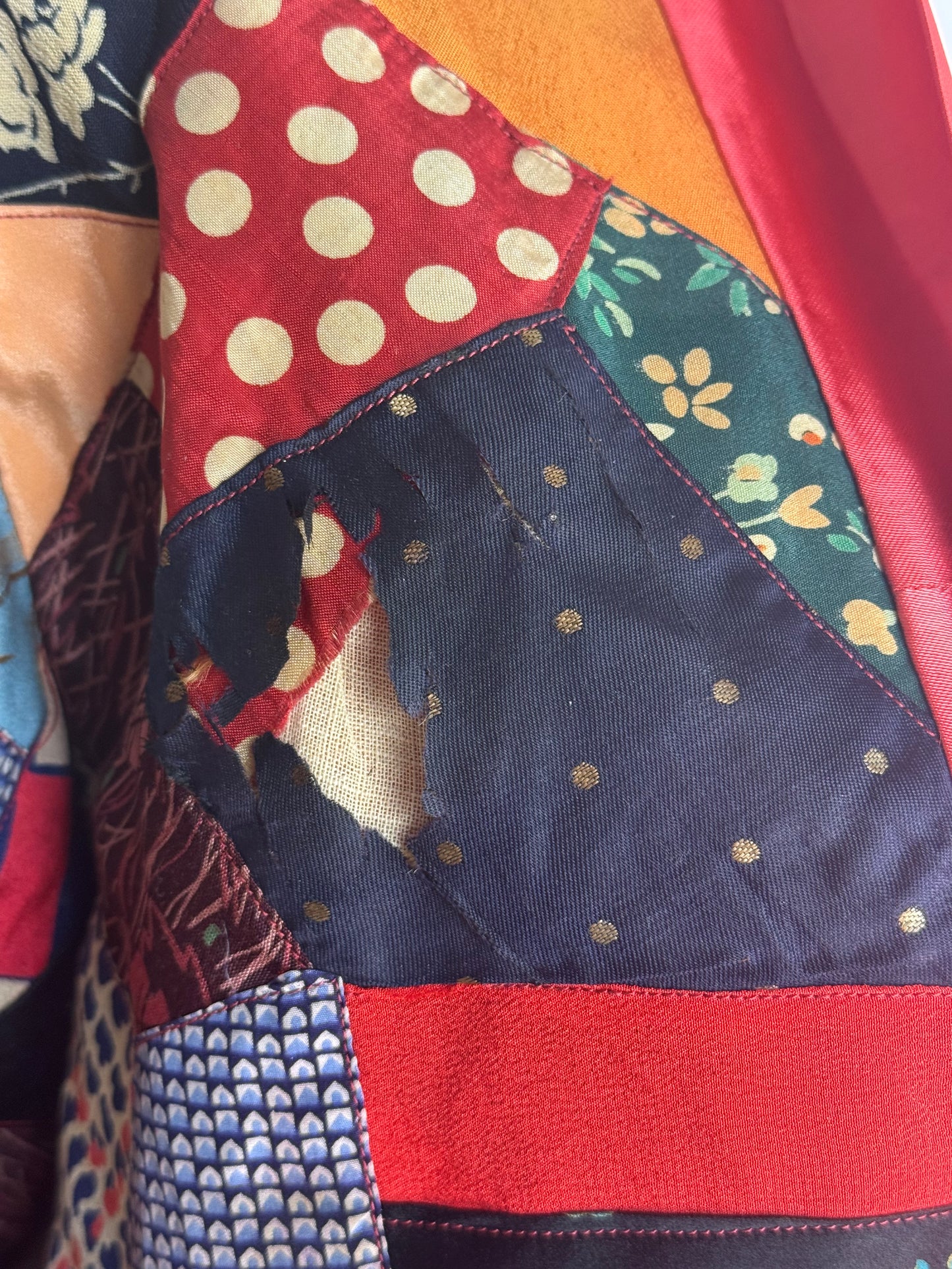 1920s/30s Patchwork Crazy Quilt Robe, Handmade Size XS-Small, Belt with Fringe Trim