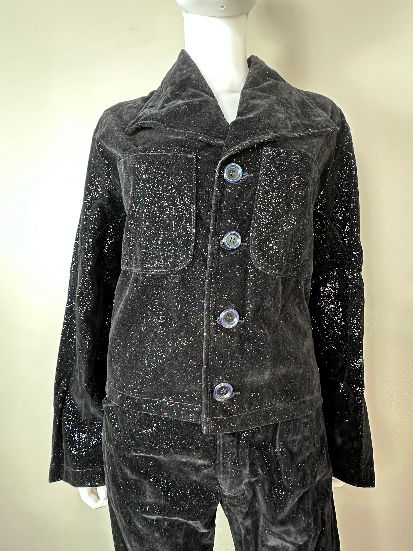 1960s/70s Black Velvet with Rainbow Glitter Suit, National Shirt Shop Jacket and Pants, Size S/M