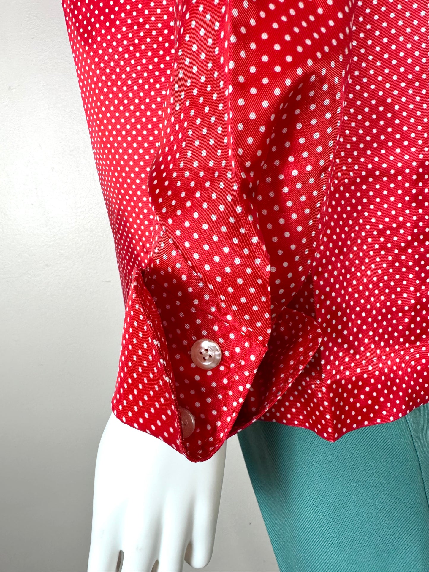 1960s Red and White Polka Dot Blouse, Size Medium, Pointed Collar, French Cuffs