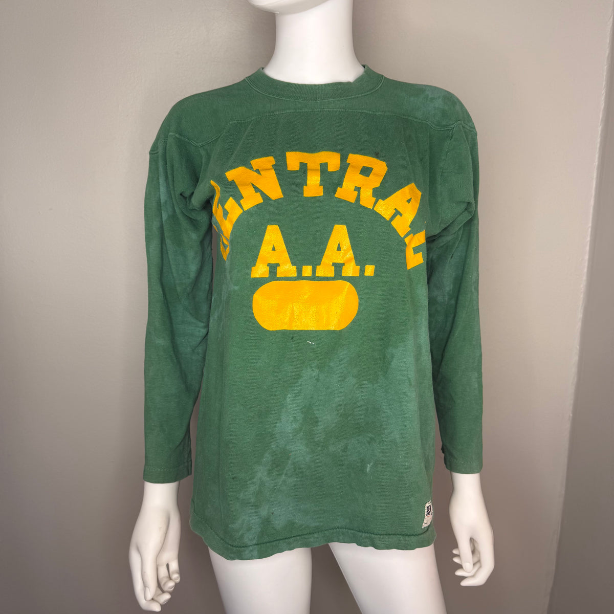 1940s Green Cotton Jersey T-Shirt, Central High Memphis AA, Champion Knitwear Company Running Man Size Medium, Distressed