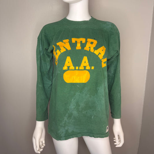1940s Green Cotton Jersey T-Shirt, Central High Memphis AA, Champion Knitwear Company Running Man Size Medium, Distressed