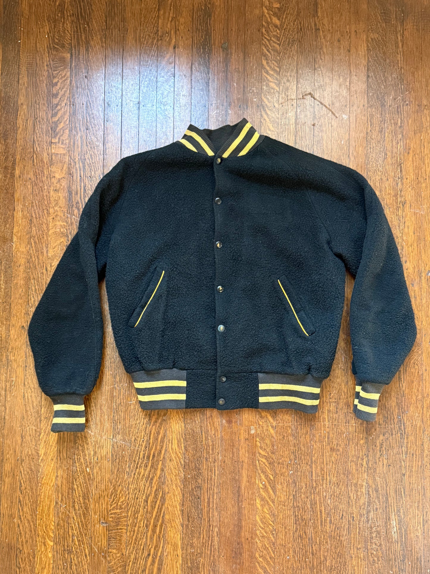 1940s Varsity Jacket, Black and Yellow, Delta Champs 45-46, Size Medium/Large