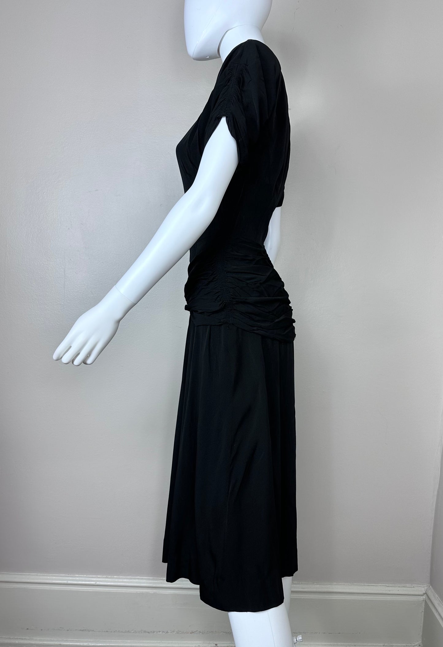 1940s Black Dress with Ruched Waist, R & K Originals Size XXS