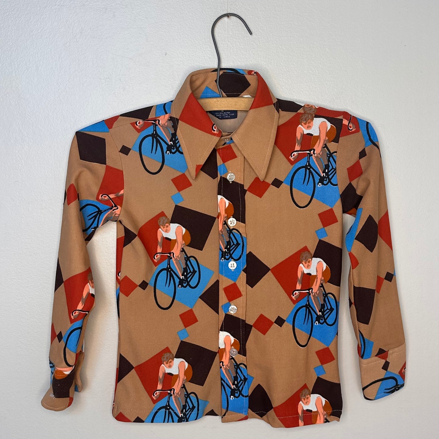 1970s Kids Bicycle Print Polyester Shirt, Wonderknit Size 6