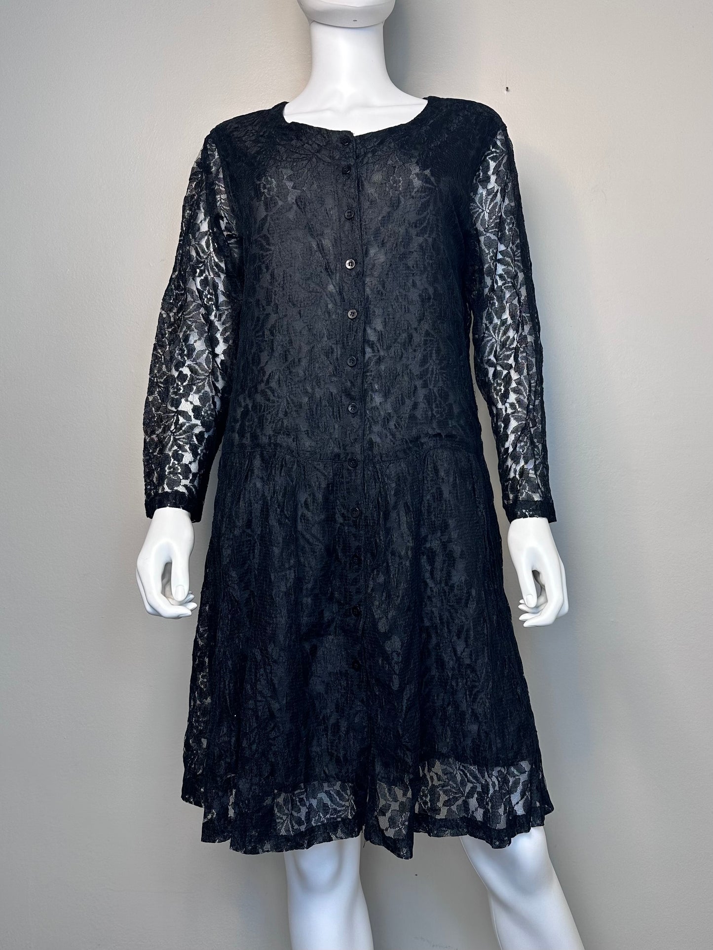 1990s Black Lace Drop Waist Dress, Passports of Pier 1 Imports Size Medium, 90s does 20s, Whimsy Goth