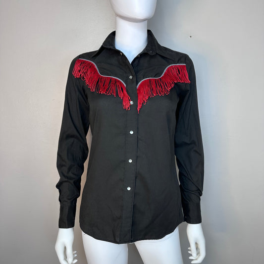 1970s Women’s Black Western Shirt with Red Fringe, Rockmount Ranch Wear Size Small, Cowgirl