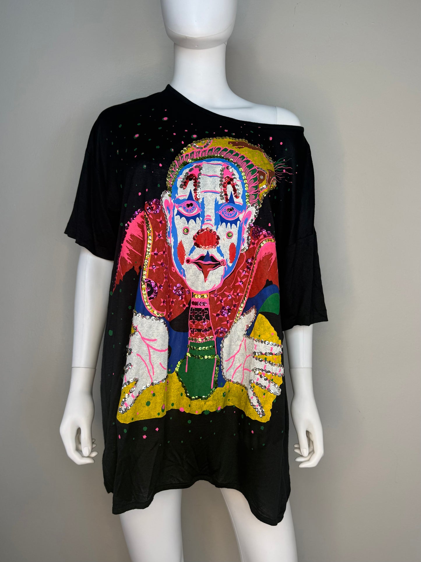 1980s Clown T-Shirt Tunic, Sequins, Embellished, Ultra Hand Made in Bali, One Size