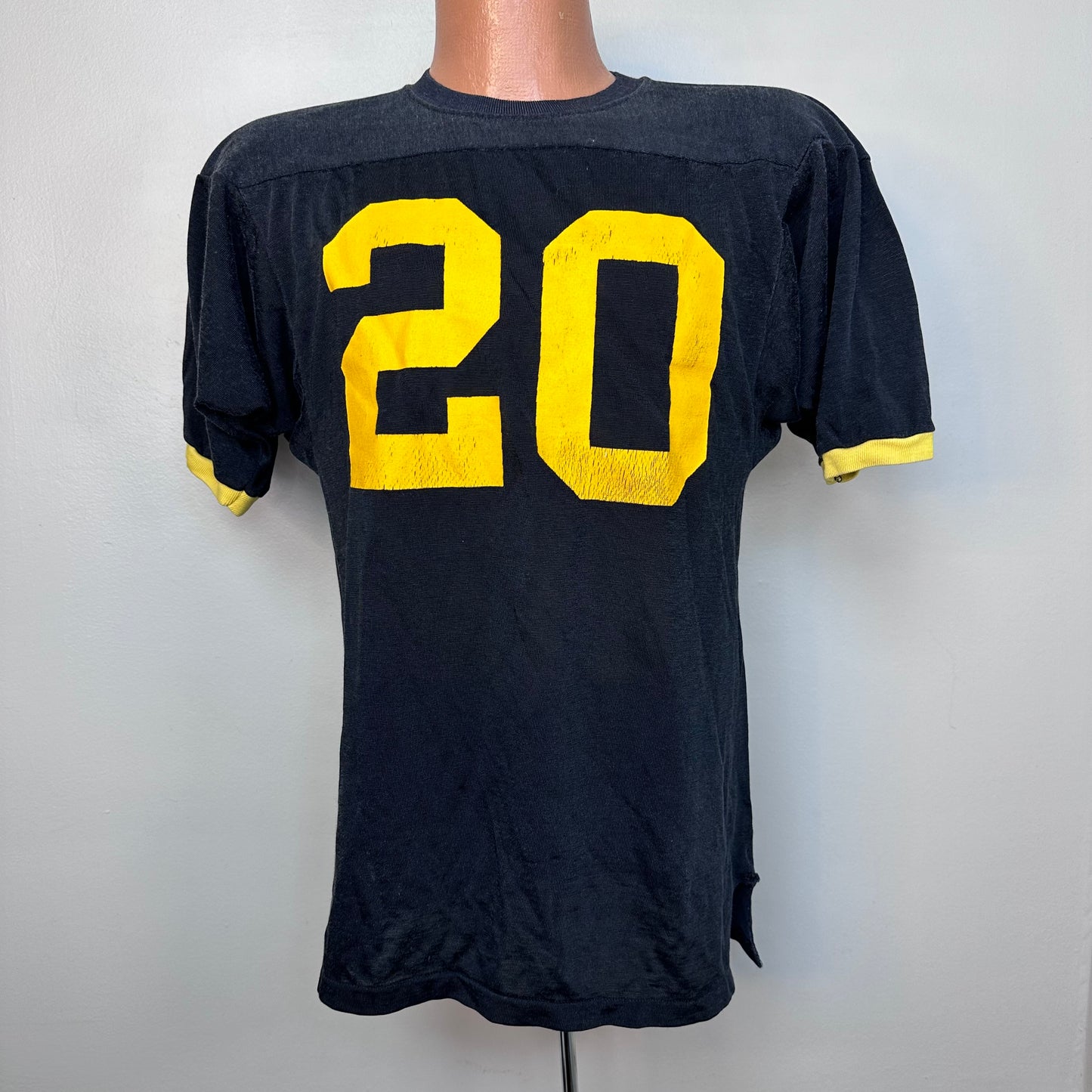 1970s Jersey T-Shirt, Southern Athletics Size S/M, Black and Yellow Ringer