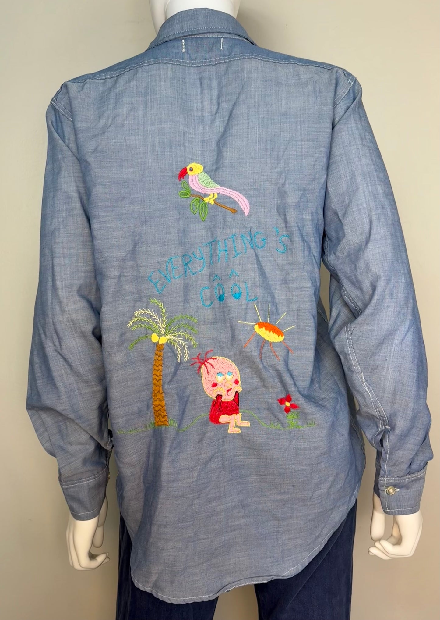 1970s Chambray Shirt with Embroidery, Size Small, Everything’s Fine, Shroom, Smiley, Hand Embroidered