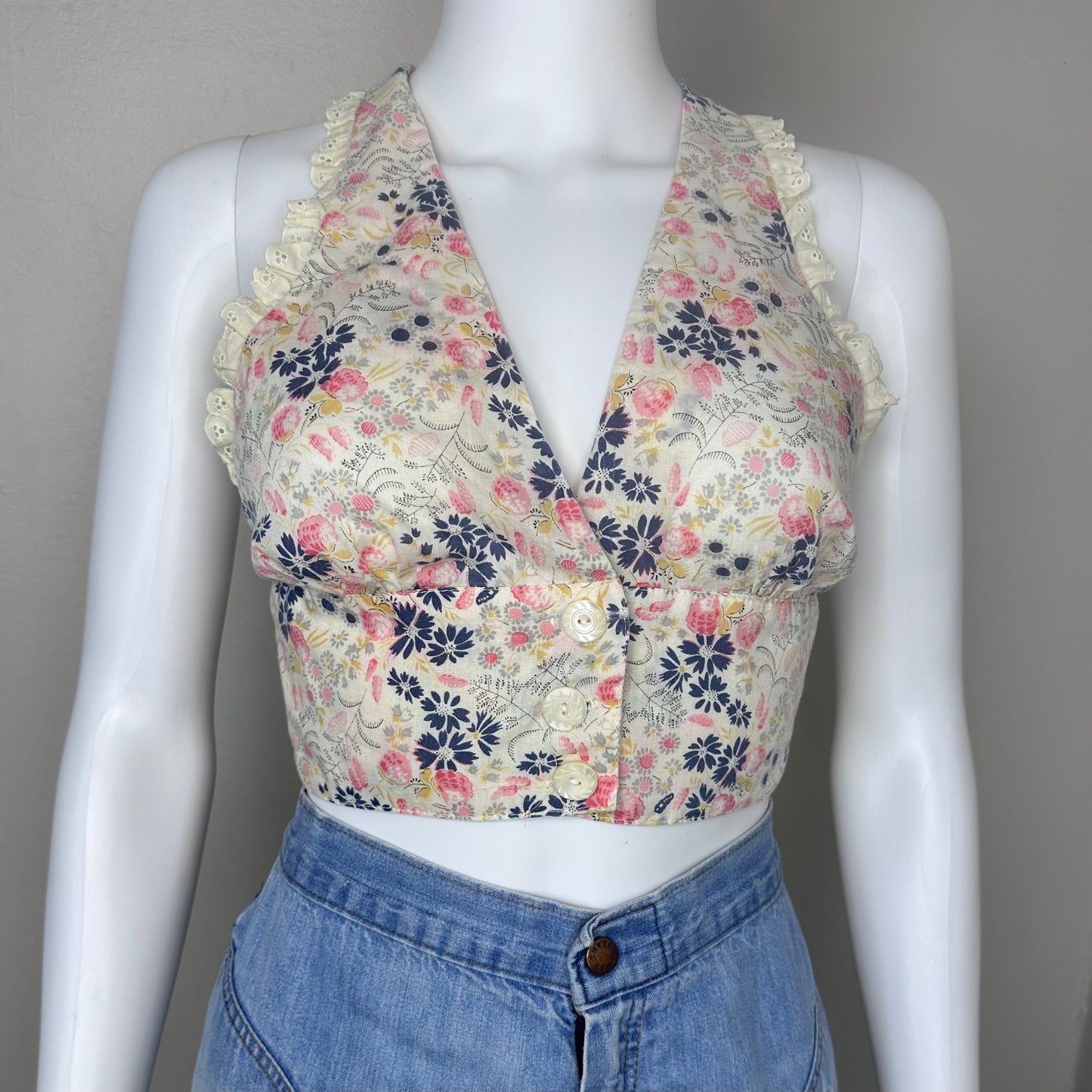 1970s Floral Cropped Blouse, Sweet Baby Jane Size Small, 70s does 40s