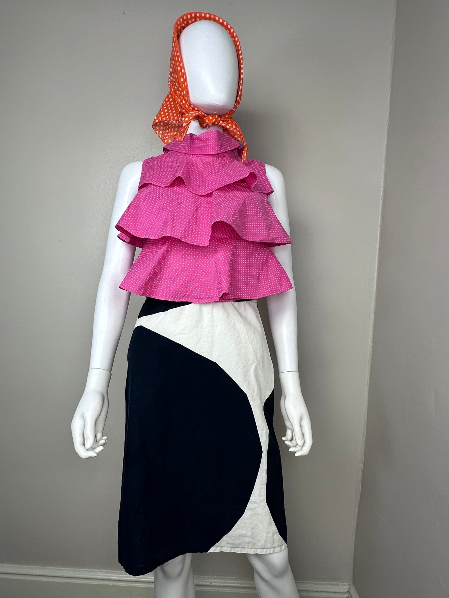 1960s Bright Pink Swiss Dot Ruffle Blouse, Size Medium