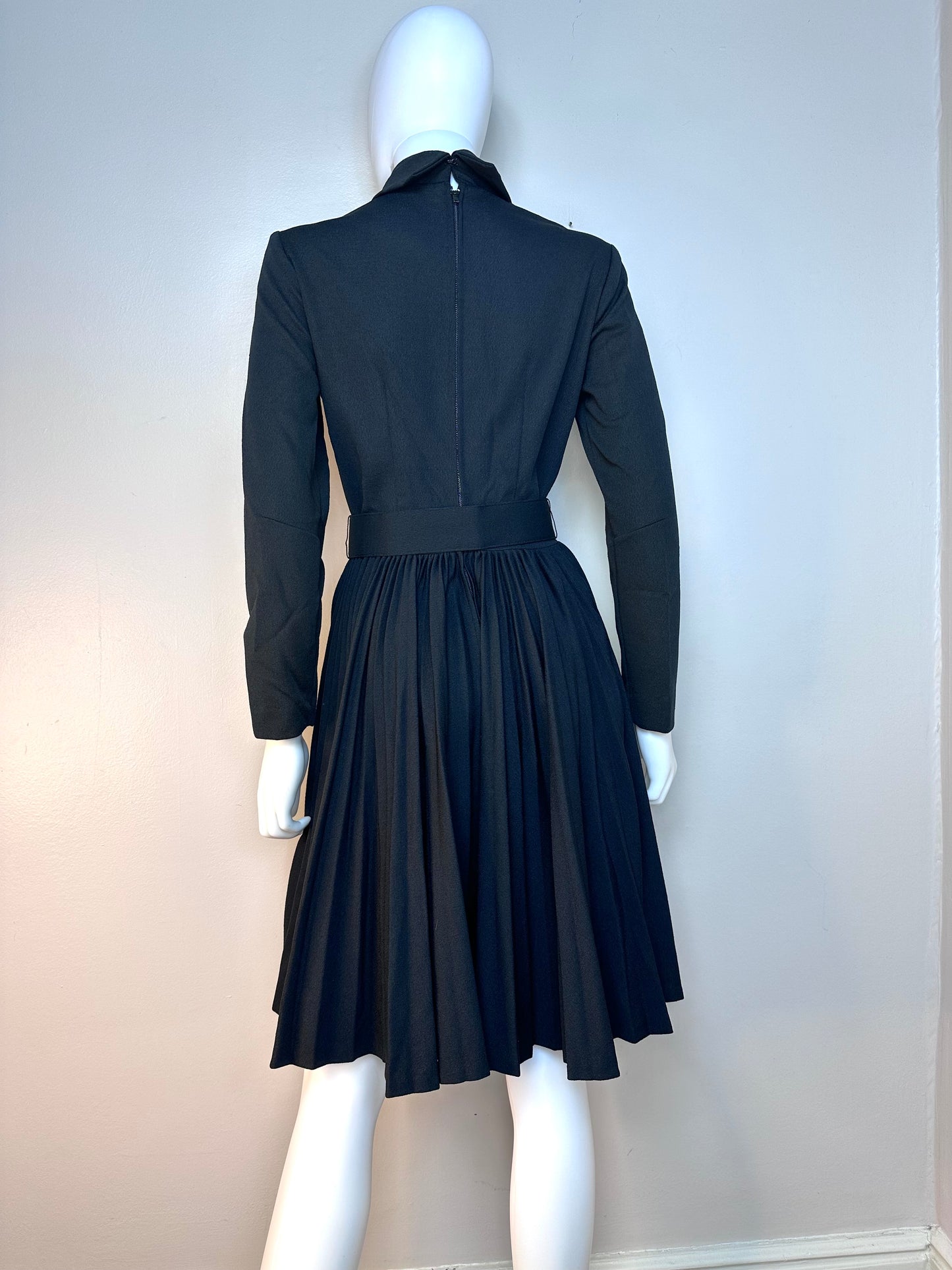 1970s Black Turtleneck Knee Length Dress with Full Pleated Skirt, Miss Marilyn of Dallas Size Small