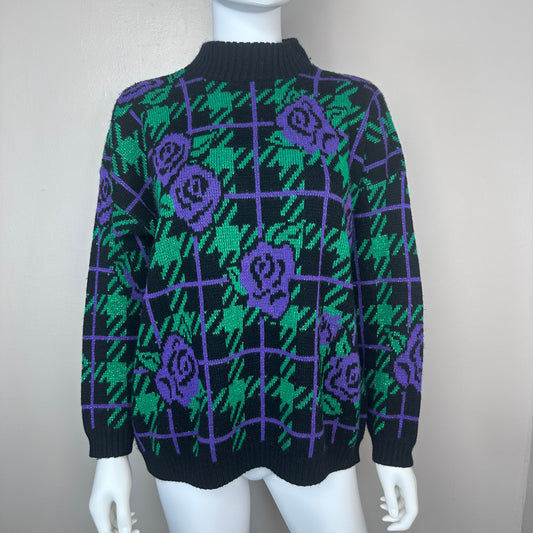 1980s Metallic Floral and Plaid Sweater, Adele Knitwear Size Medium-Large