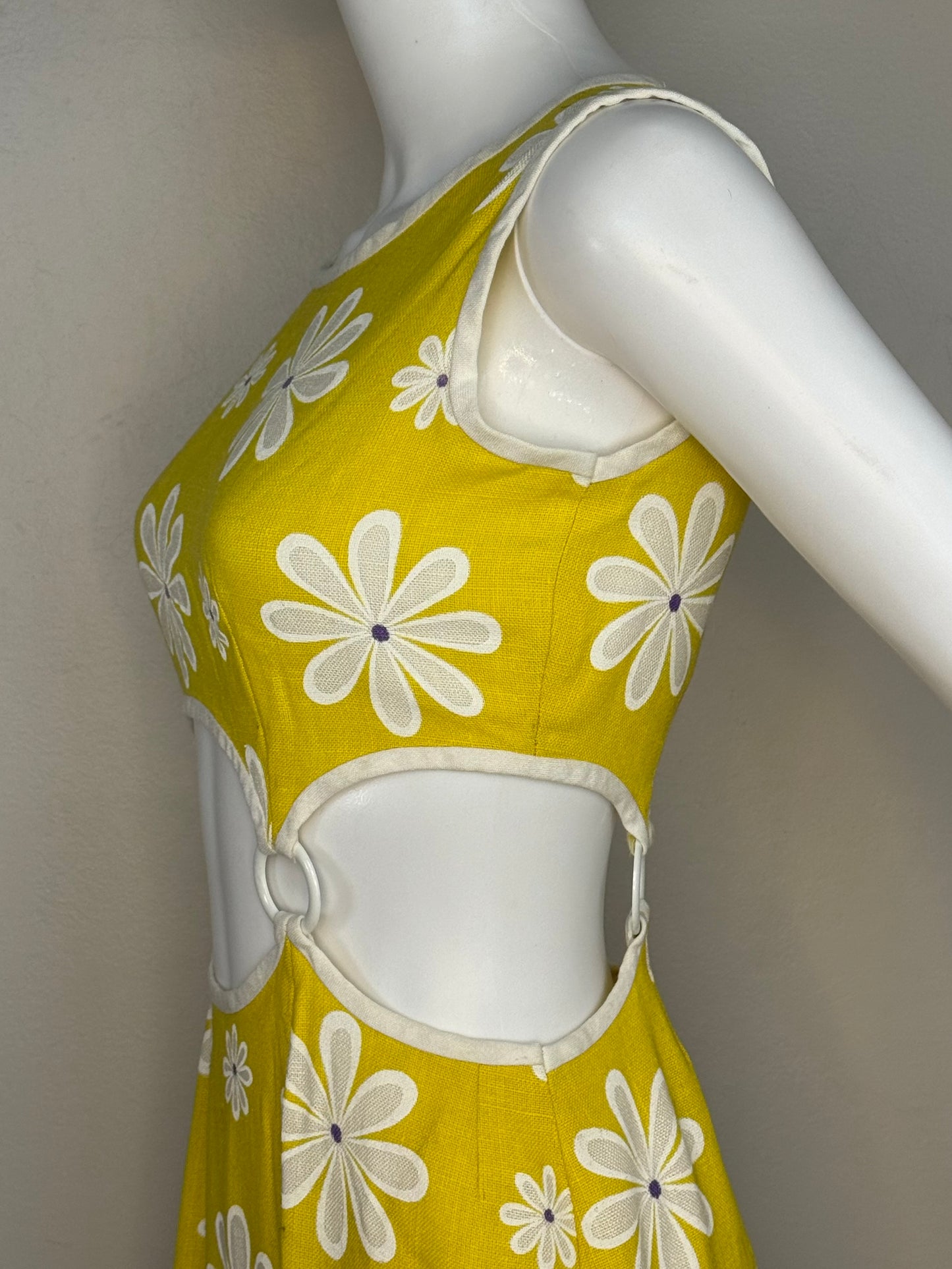 1960s Yellow Floral Mini Dress with Cut Outs and Rings, Handmade Size Small