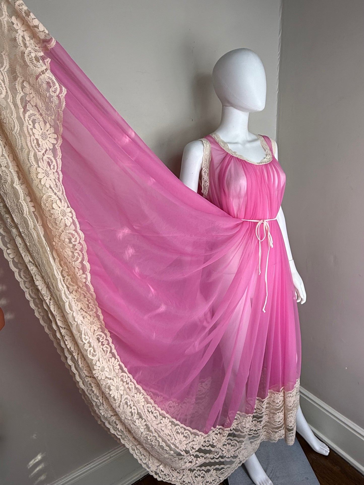 1960s Sheer Pink Nightgown, Miss Elaine, One Size, Huge Sweep Caftan