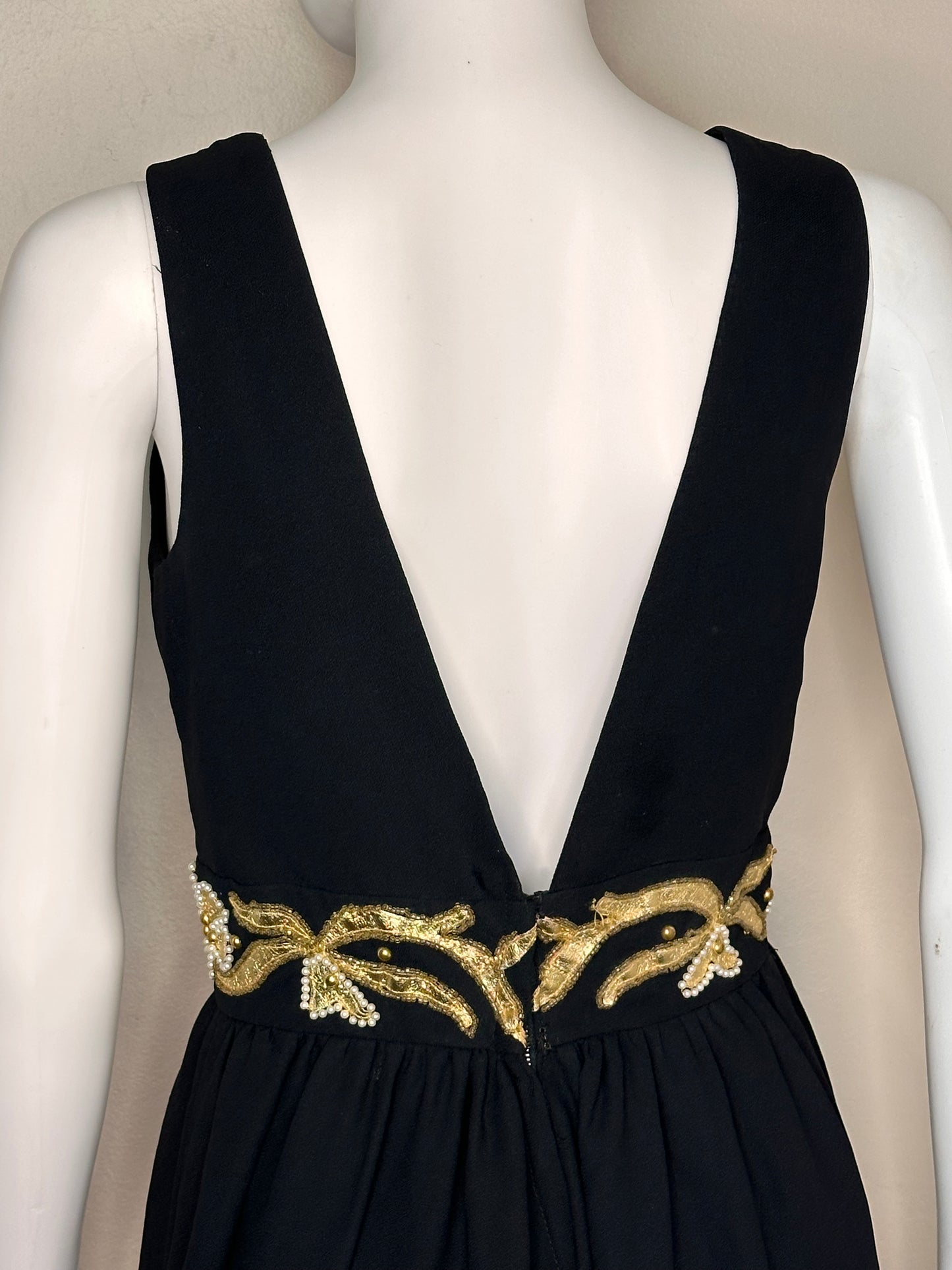 1960s/70s Black Wide Leg Jumpsuit with Gold Floral Embellishment Waistband, Size XS