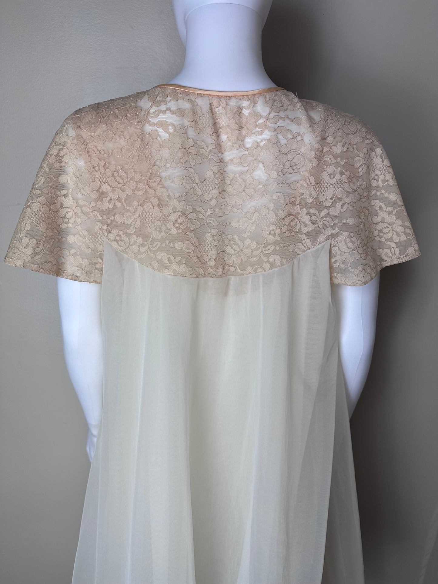 1950s Vanity Fair Peignoir Set, Size Small, Cream Sheer Nylon and Tan Lace Lingerie, Nightgown and Robe