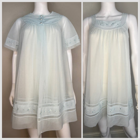1960s Pale Blue Peignoir Set, Nightgown and Short Sleeve Robe, Shadowline Petite Size XS