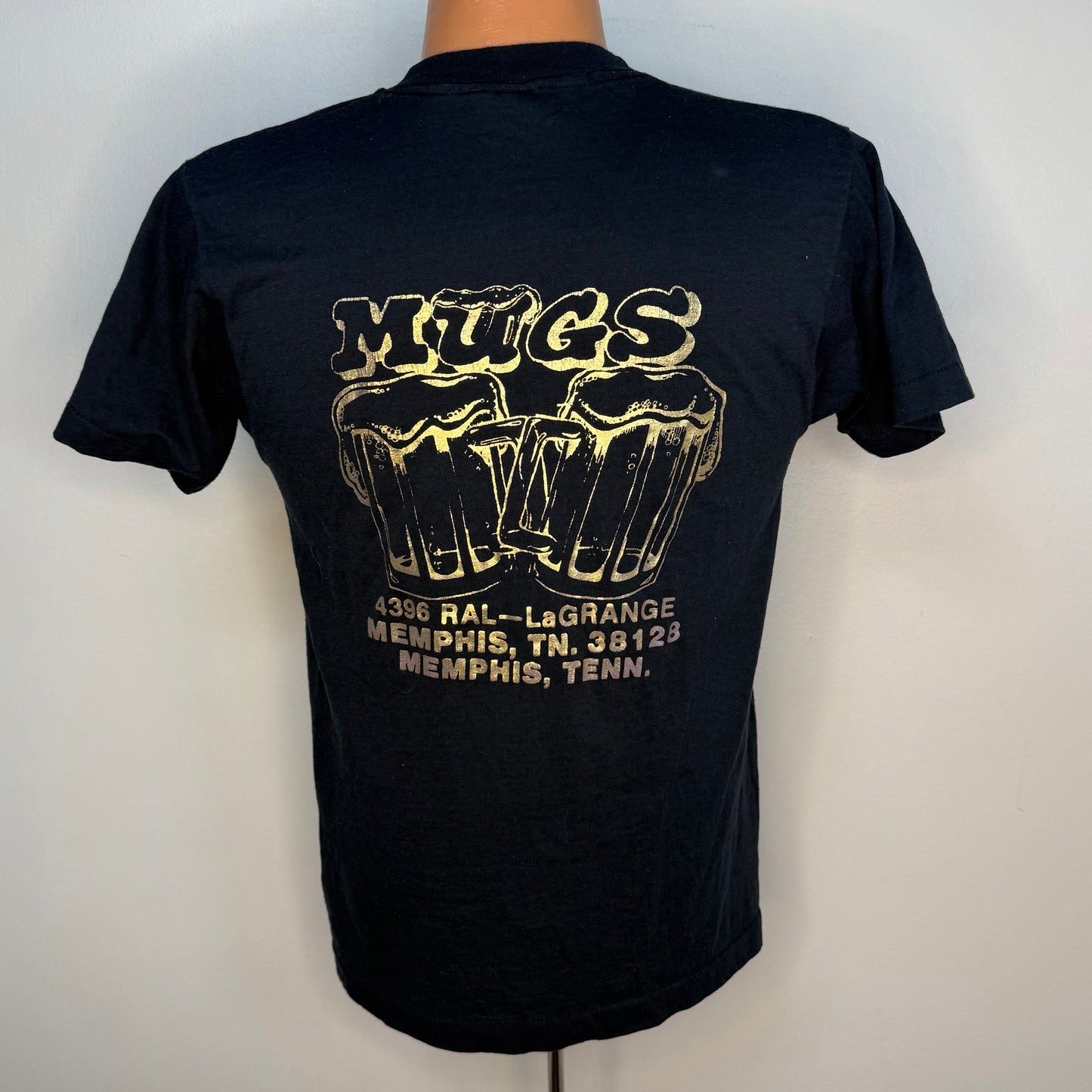 1980s Mugs Memphis Bar T-Shirt, Shiny Metallic Print, Screen Stars Size Small