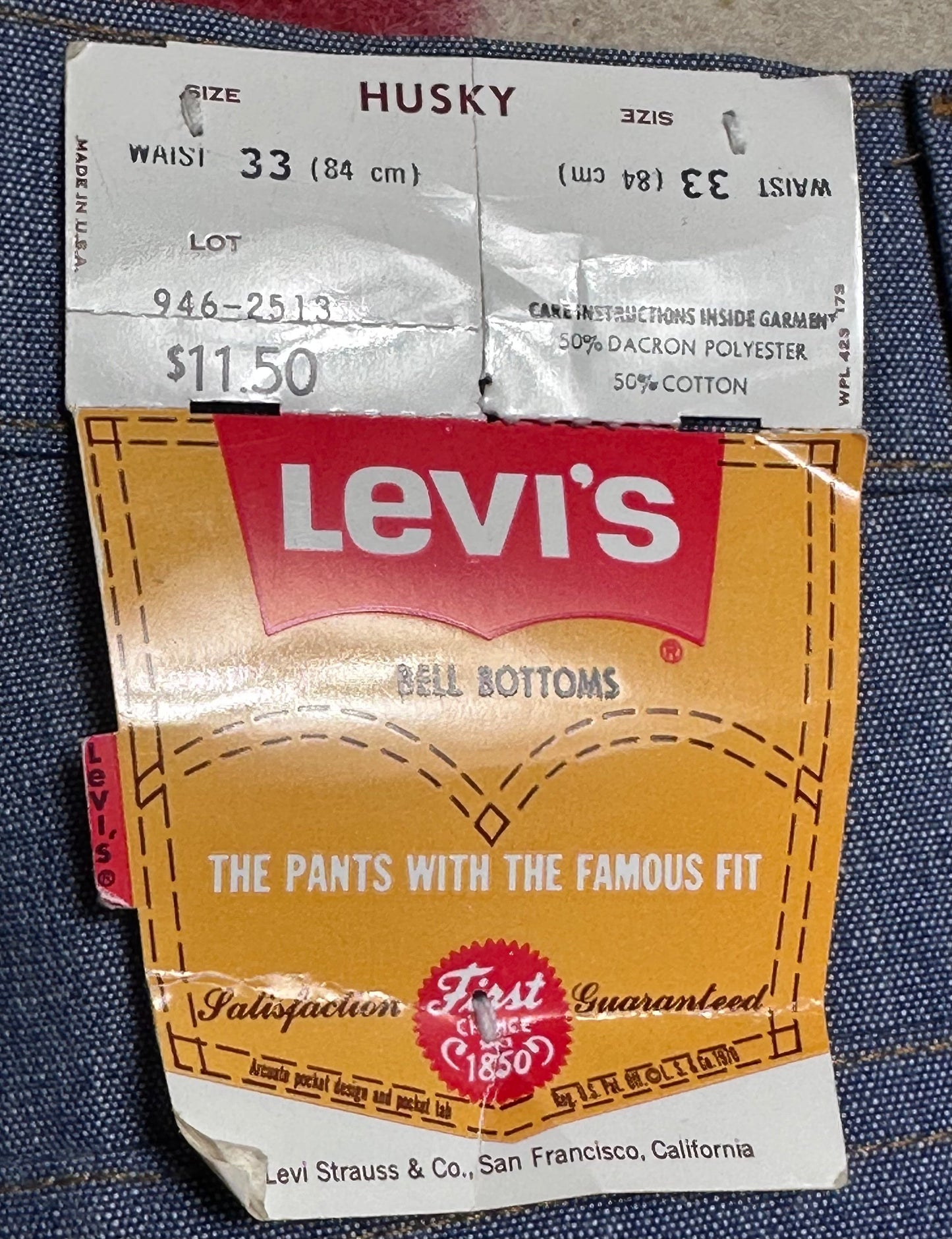 1970s Levi’s 946 Bell bottom Blue Jeans, 33"x29", Deadstock with Tags