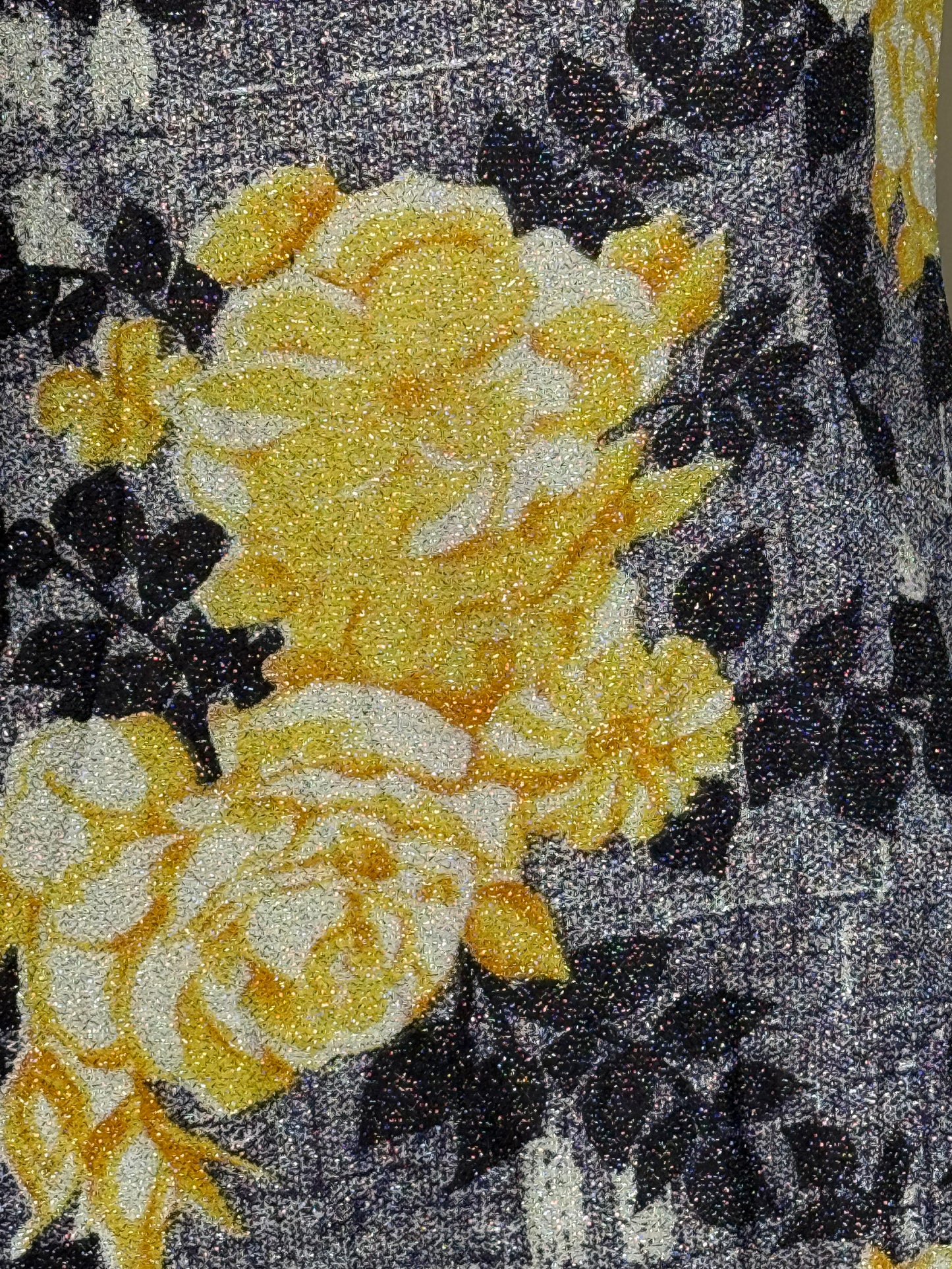 1970s Yellow Rose Print Lurex Maxi Dress, Size Medium