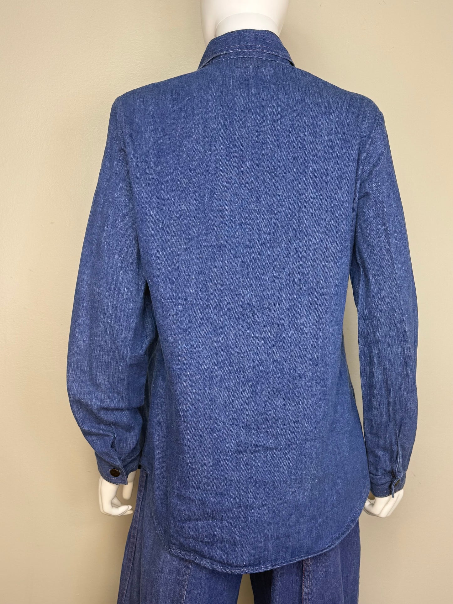 1970s Women’s Denim Suit, Shirt Jacket and Bell Bottom Blue Jeans Set, Sears Jr Bazaar Size Medium