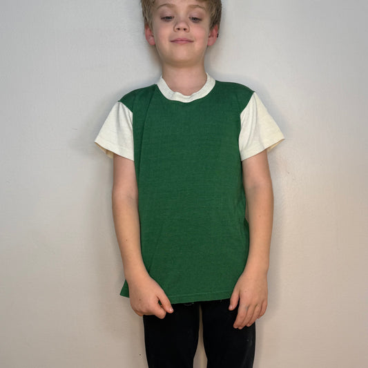1960s/70s Kids’ Green and White Durene Jersey T-Shirt, Russell Southern Co Size Youth M/Adult XS, No 21