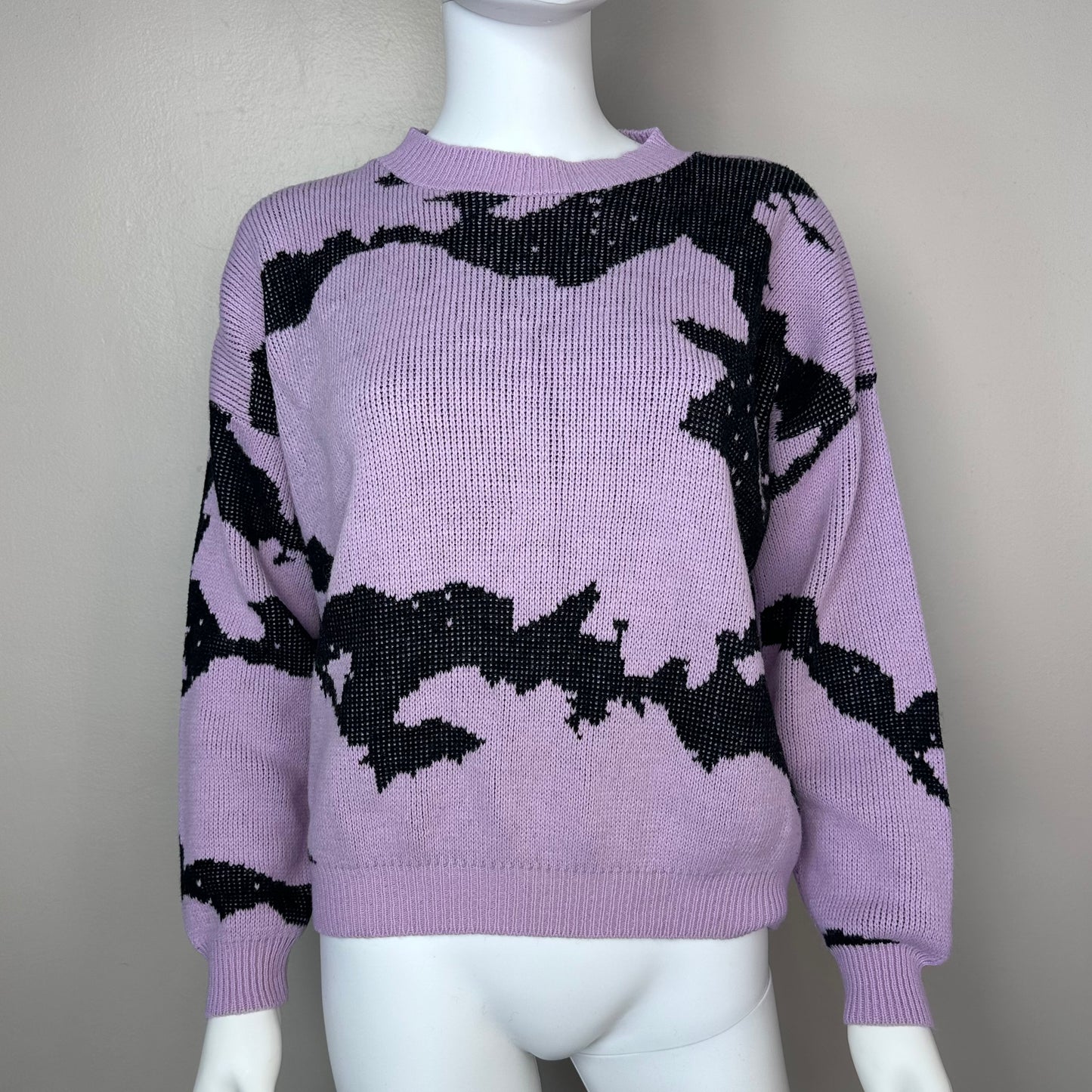 1980s Lavender and Black Sweater, Size Medium, Abstract Ink Stain Design