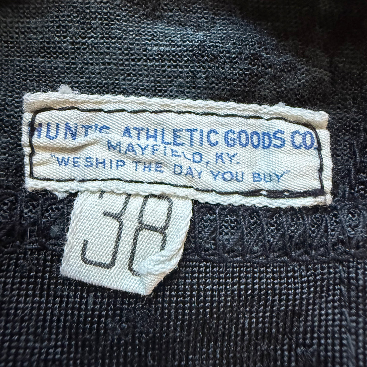 1940s/50s Distressed Black Durene Basketball Jersey, Hunt’s Athletic Goods Size Small, Mayfield Kentucky