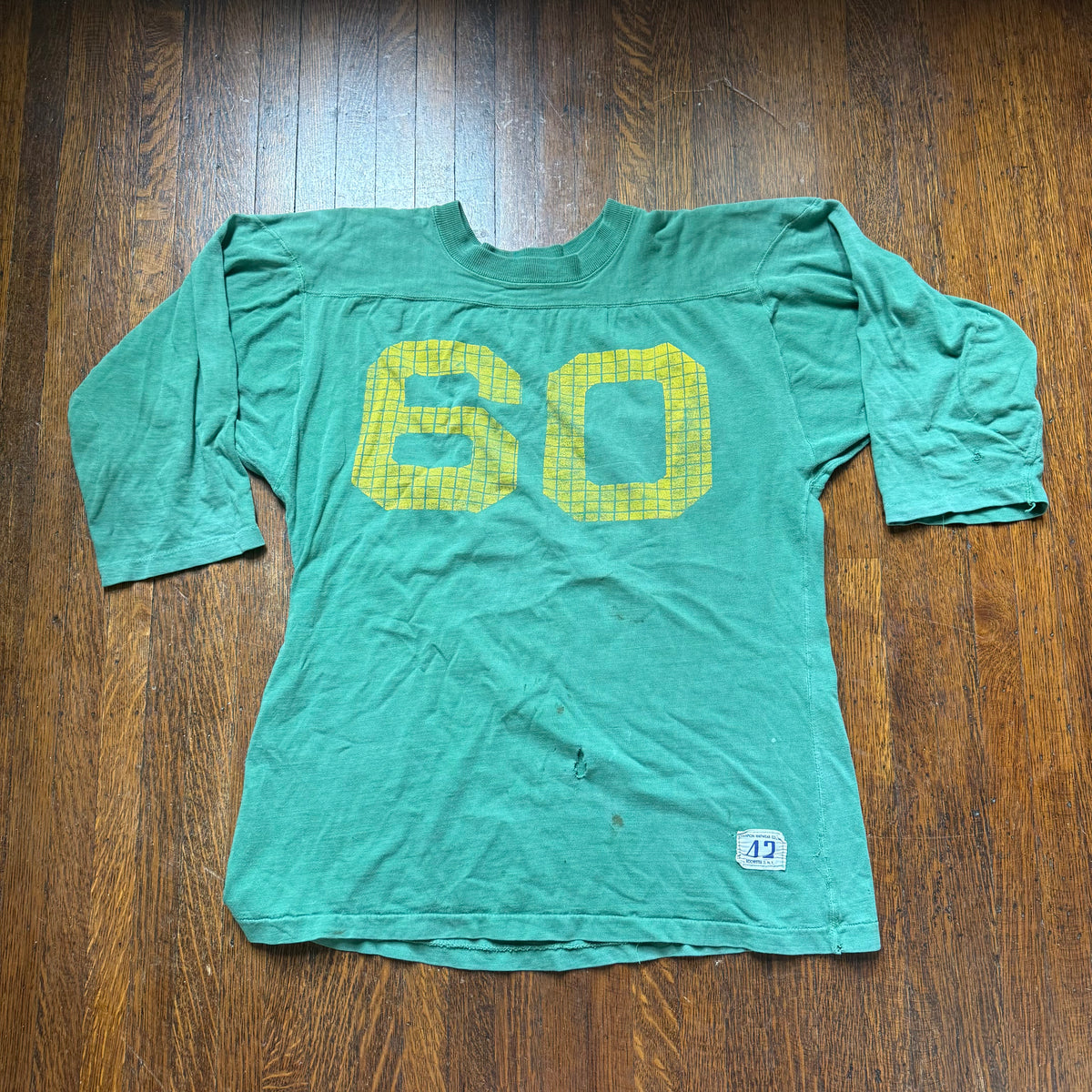1950s Green Cotton Jersey T-Shirt, Large Yellow Grid Number 60, Champion Knitwear Size 42