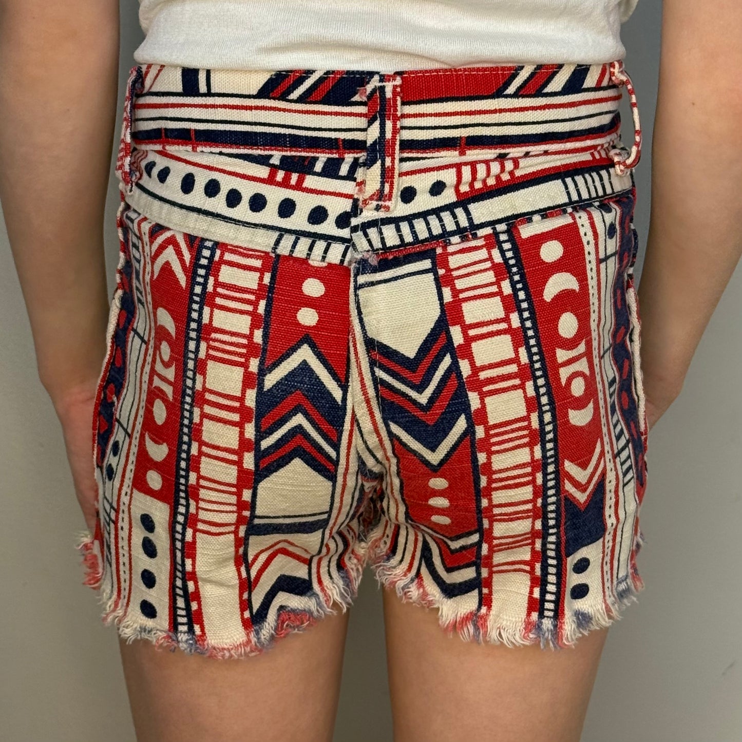 1970s Printed Denim Shorts, Cut Offs, Kids 4/5, Red White and Blue Geometric Stripe