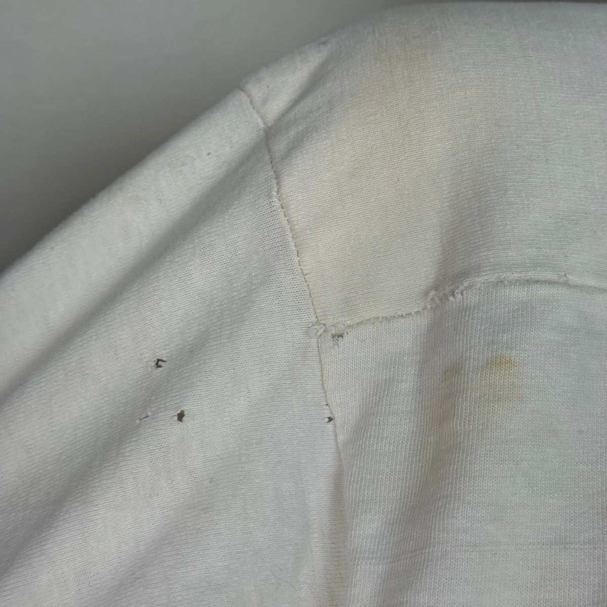 1960s White Cotton Jersey, Size Large, No 77, Chainstitch Name GANG, Very Distressed