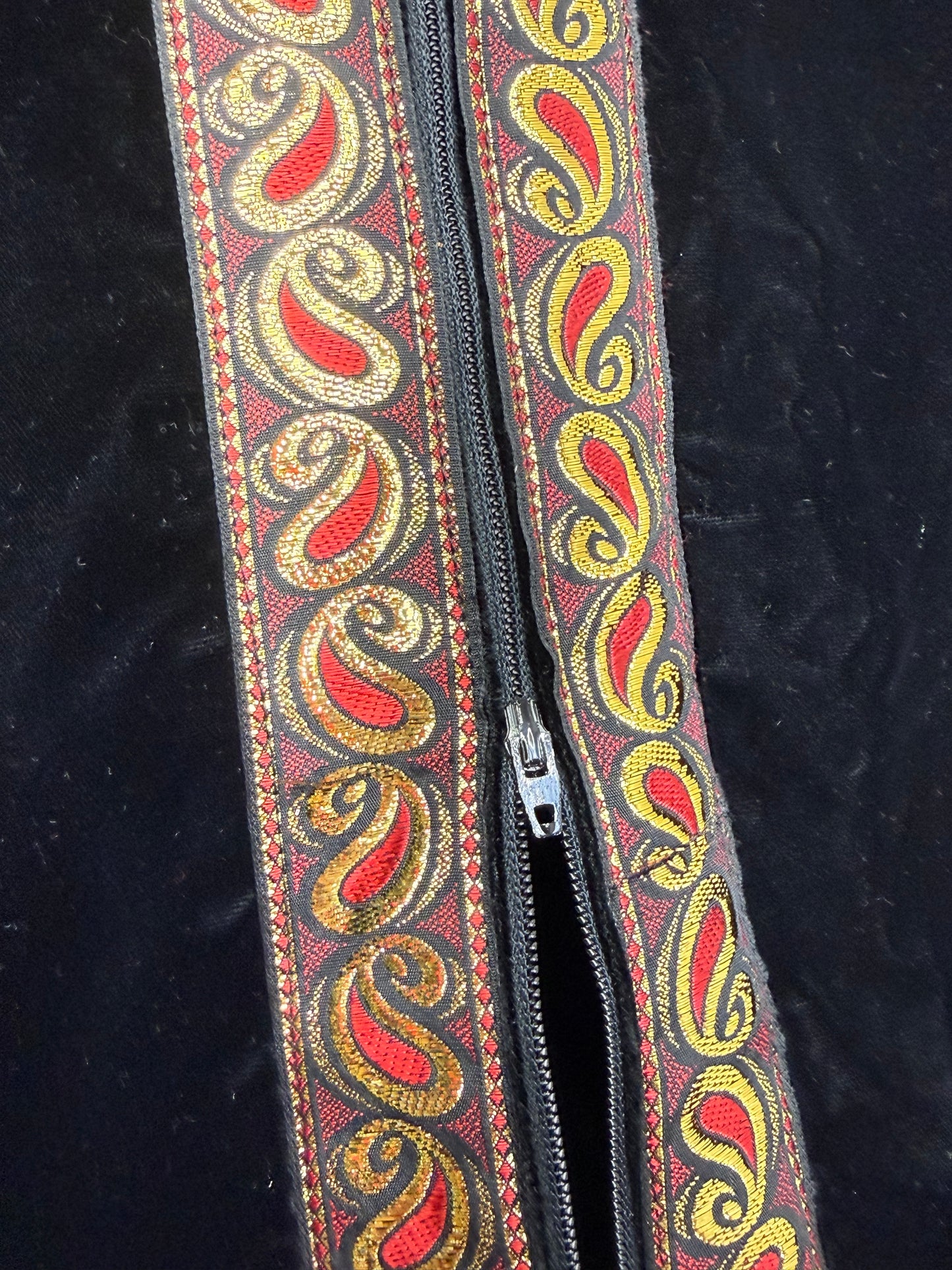 1960s Black Velvet Maxi Dress with Metallic Gold and Red Ribbon Trim, Size Small