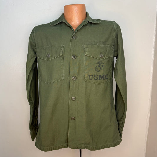 1960s USMC Shirt, Sateen OG 107 Cotton Sateen, Size S/M, US Marine Corps Stencil, Vietnam War Era Uniform