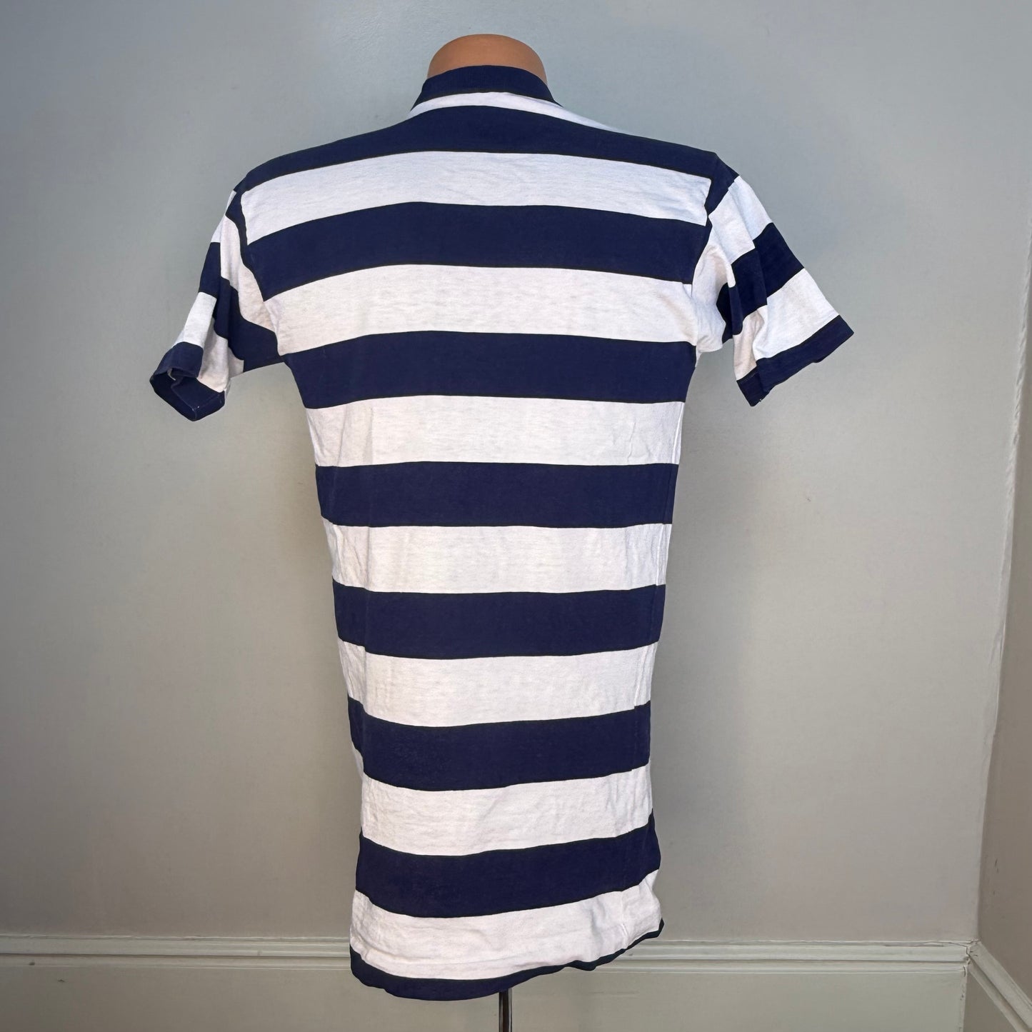1960s Striped Vanderbilt University T-Shirt, Champion Products Size S/M, Wide Navy Blue and White Stripes
