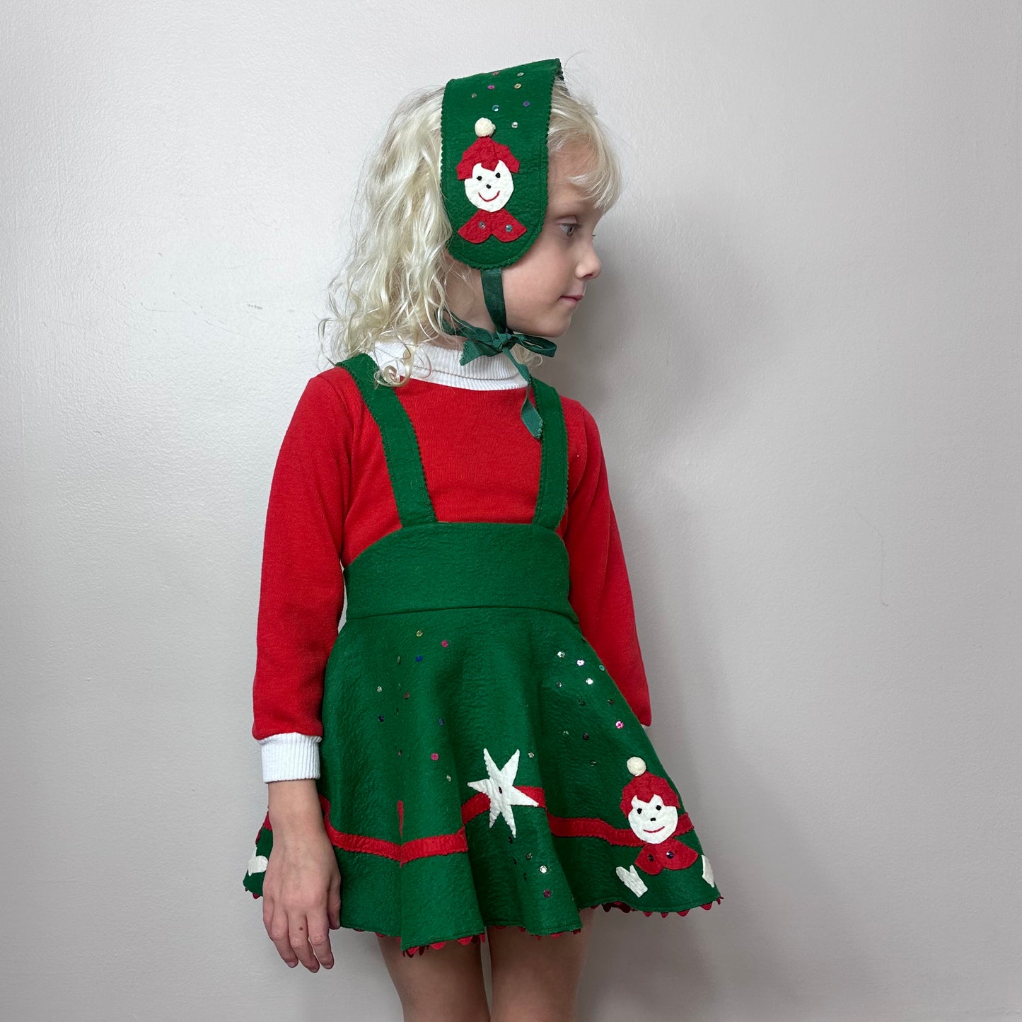 1950s Girls’ Kitschy Felt Christmas Suspenders Skirt with Matching Ear Muff, Handmade Size 4T