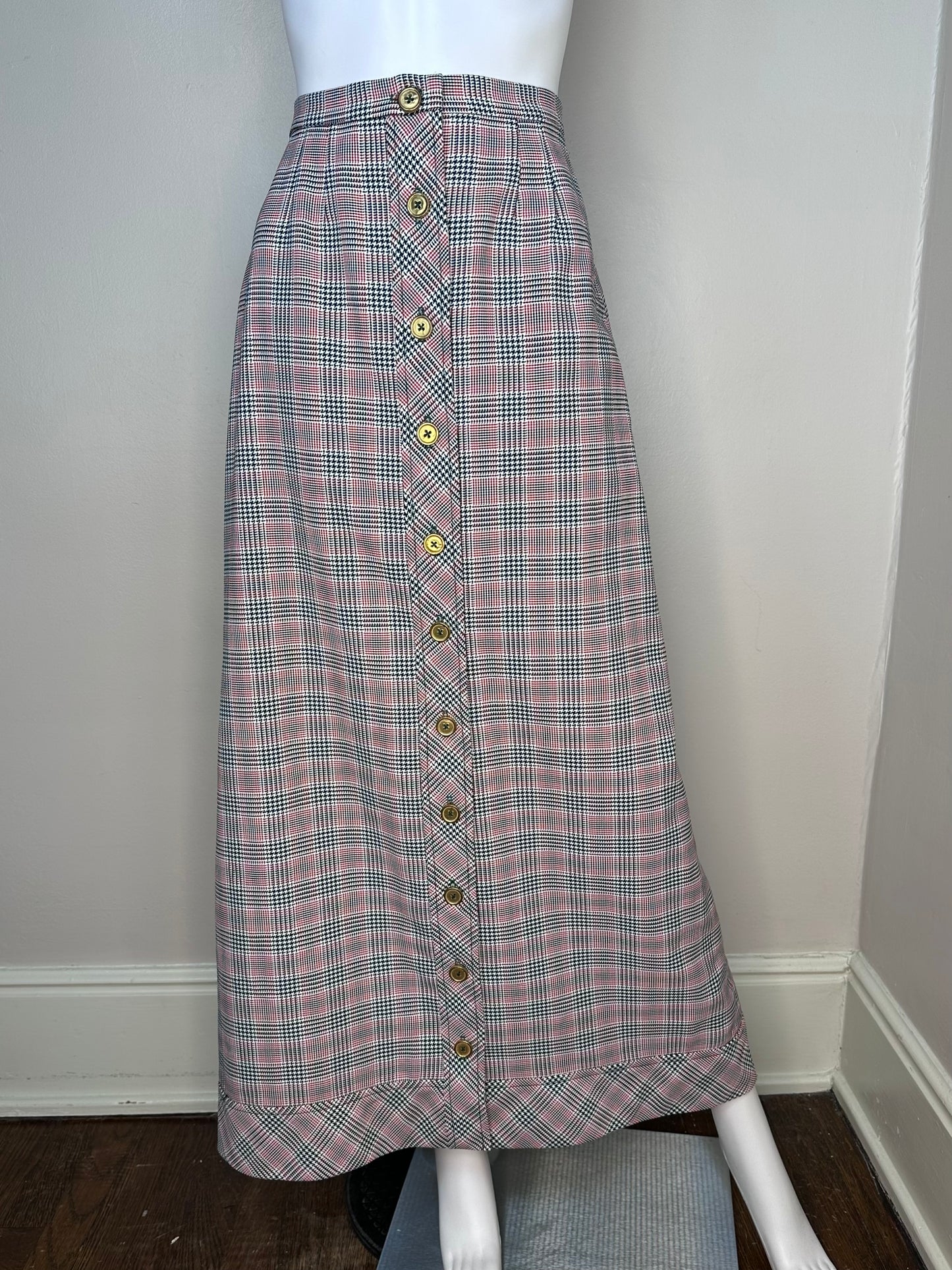 1970s Green and Red Plaid Maxi Skirt, Button Front, Size XS/S