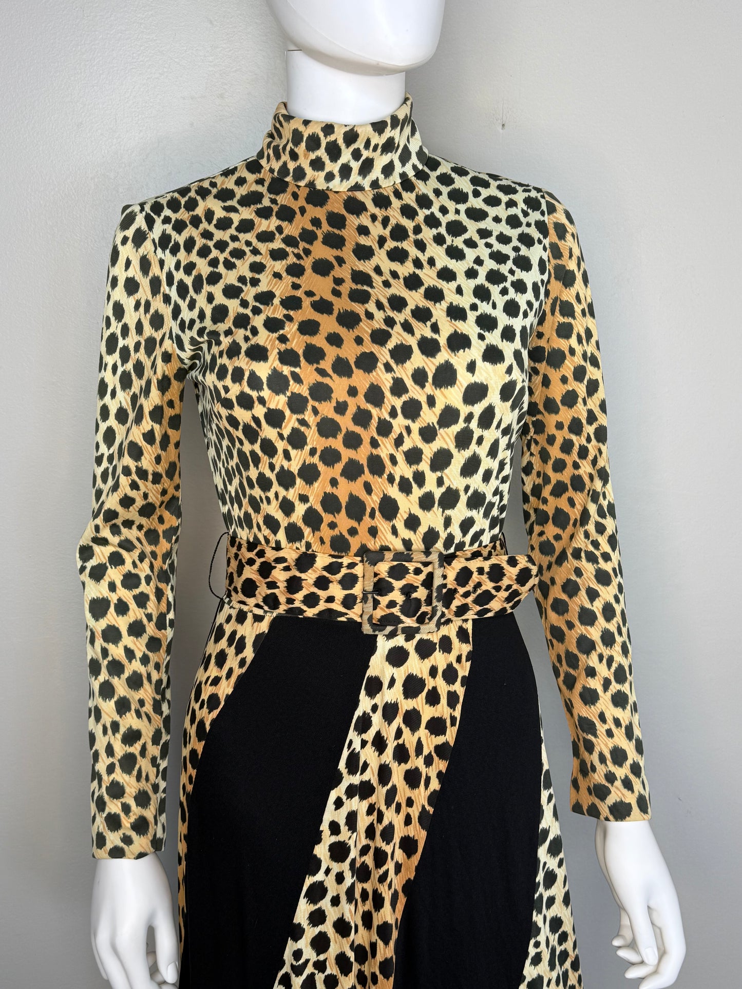 1970s Leopard Print Maxi Dress, Long Sleeve Turtleneck, Size Small, Curved Panel Skirt with Full Sweep