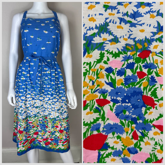 1970s/80s Floral Border Print Dress, Sea Waves Size Medium, Sundress